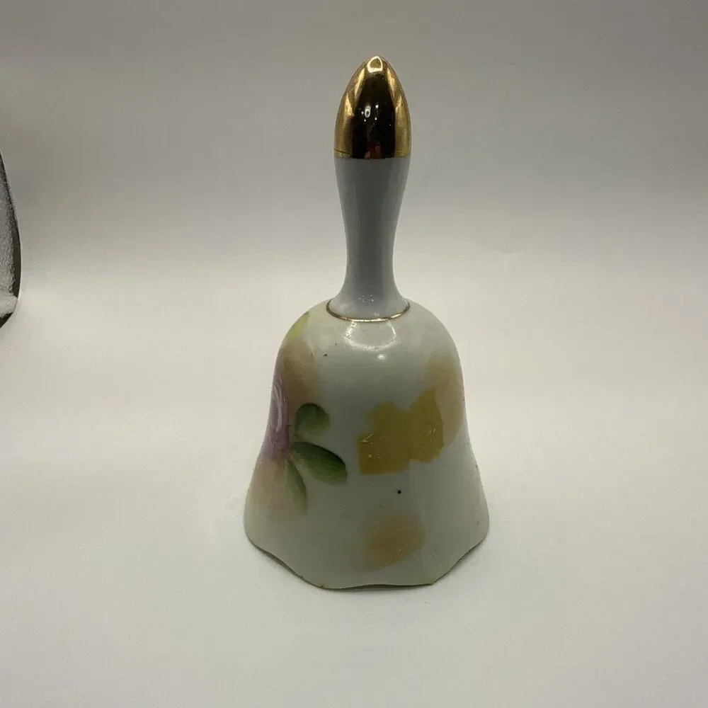 Enesco Japan Bell Floral Rose Gold Accent Hand Painted 4 Inches Tall